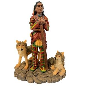 Youngs Native American Man with Wolves Resin Figurine 6 Inch Southwestern Decor